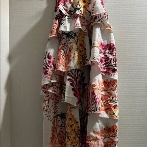 Worthington White Floral Ruffle Blouse with Pink & Orange Print